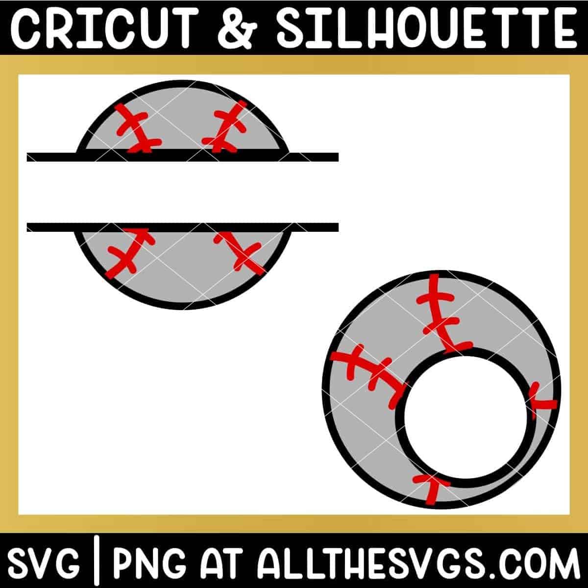 free split, round baseball monogram svg png with ball.