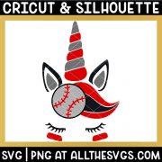 free baseball unicorn svg png with ear, head, eyelashes, and hair in red, silver, black.