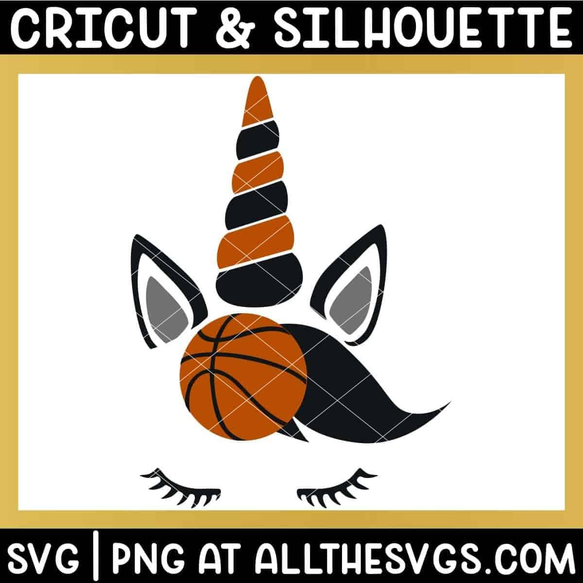 free basketball unicorn svg png with ear, head, eyelashes, and hair in orange, black.