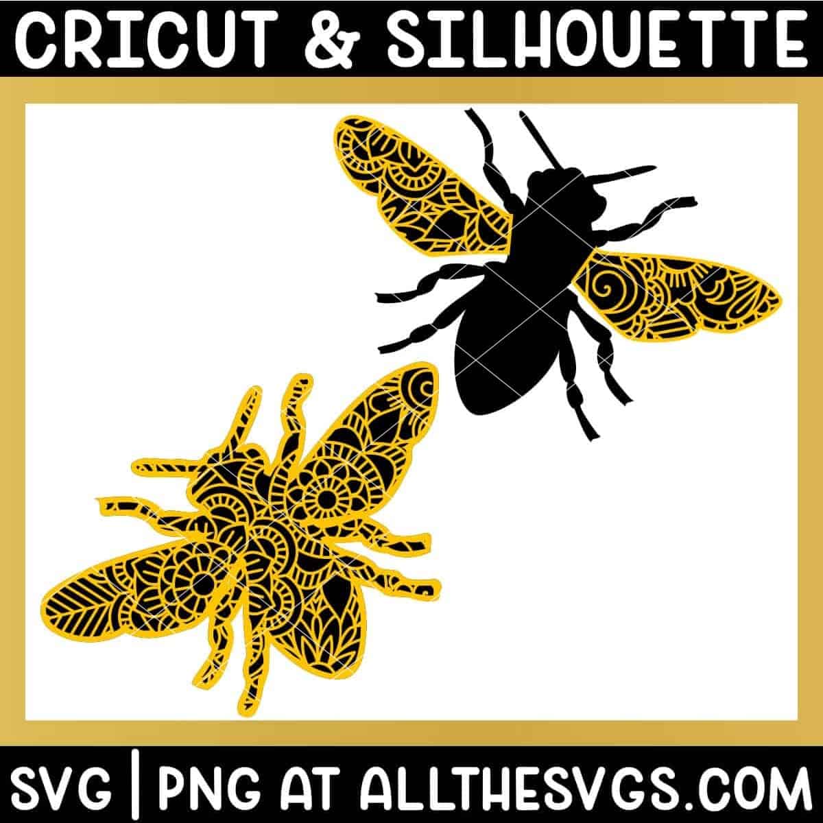 2 versions of bee insect svg file mandala wings only, full body.