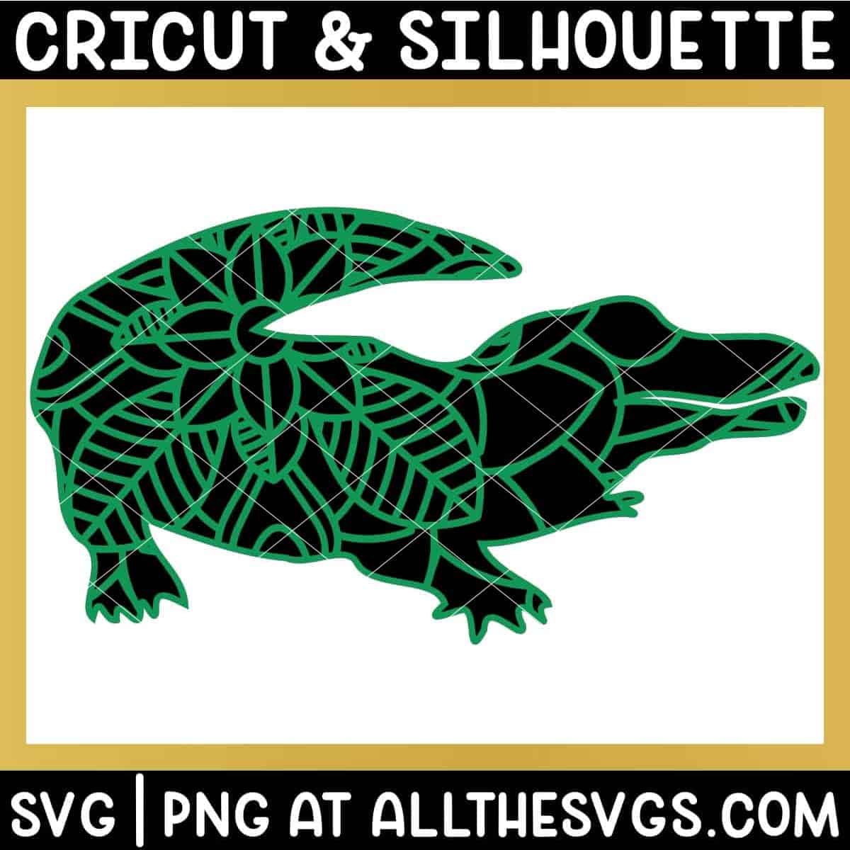 alligator crocodile jungle animal mandala svg png with patterned layer on solid animal silhouette layer.