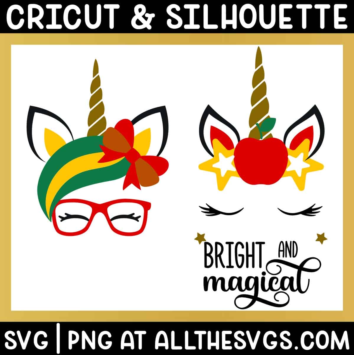free school unicorn face svg png with ear, horn, eyelashes, glasses, apple, and stars.