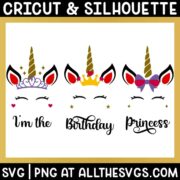 free unicorn birthday princess svg png with tiara, crown, or bow