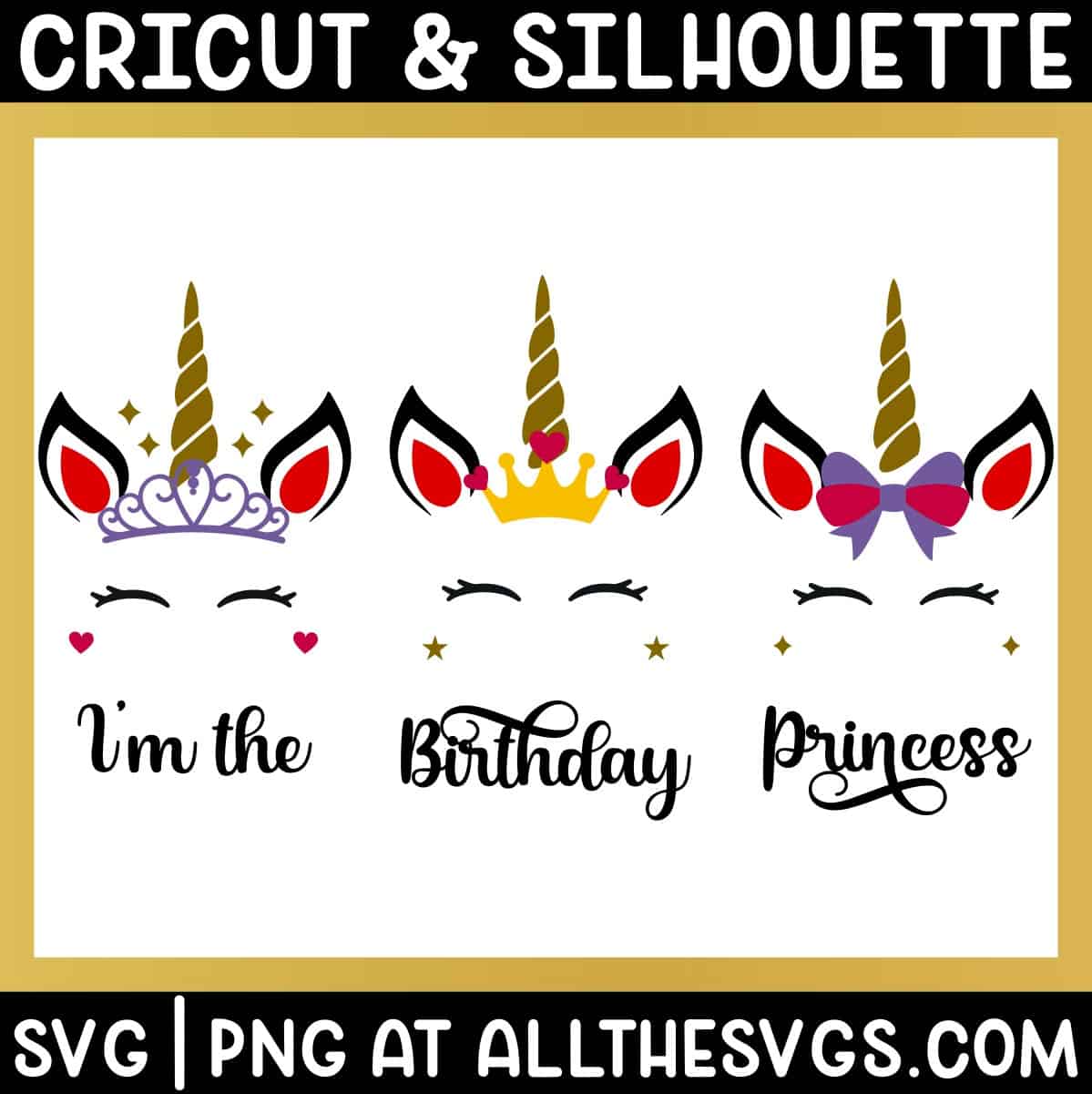 free unicorn birthday princess svg png with tiara, crown, or bow.
