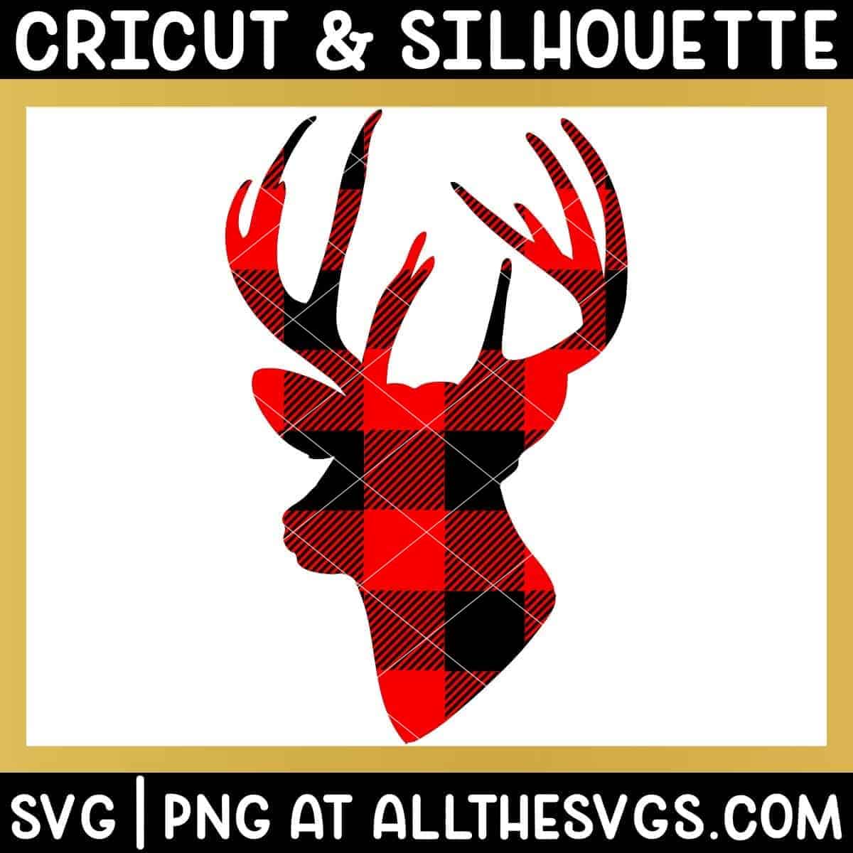 free deer head with antlers svg png in red black buffalo plaid pattern.