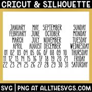calendar months, days of week, numbers in popular rae dunn style handwritten caps.
