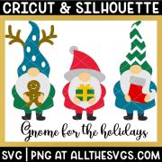 christmas gnomes svg file with gingerbread, gift, stocking.