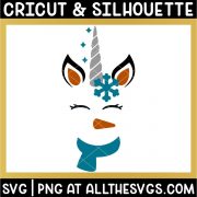 free christmas winter unicorn face svg png with snowflake, scarf, carrot nose.