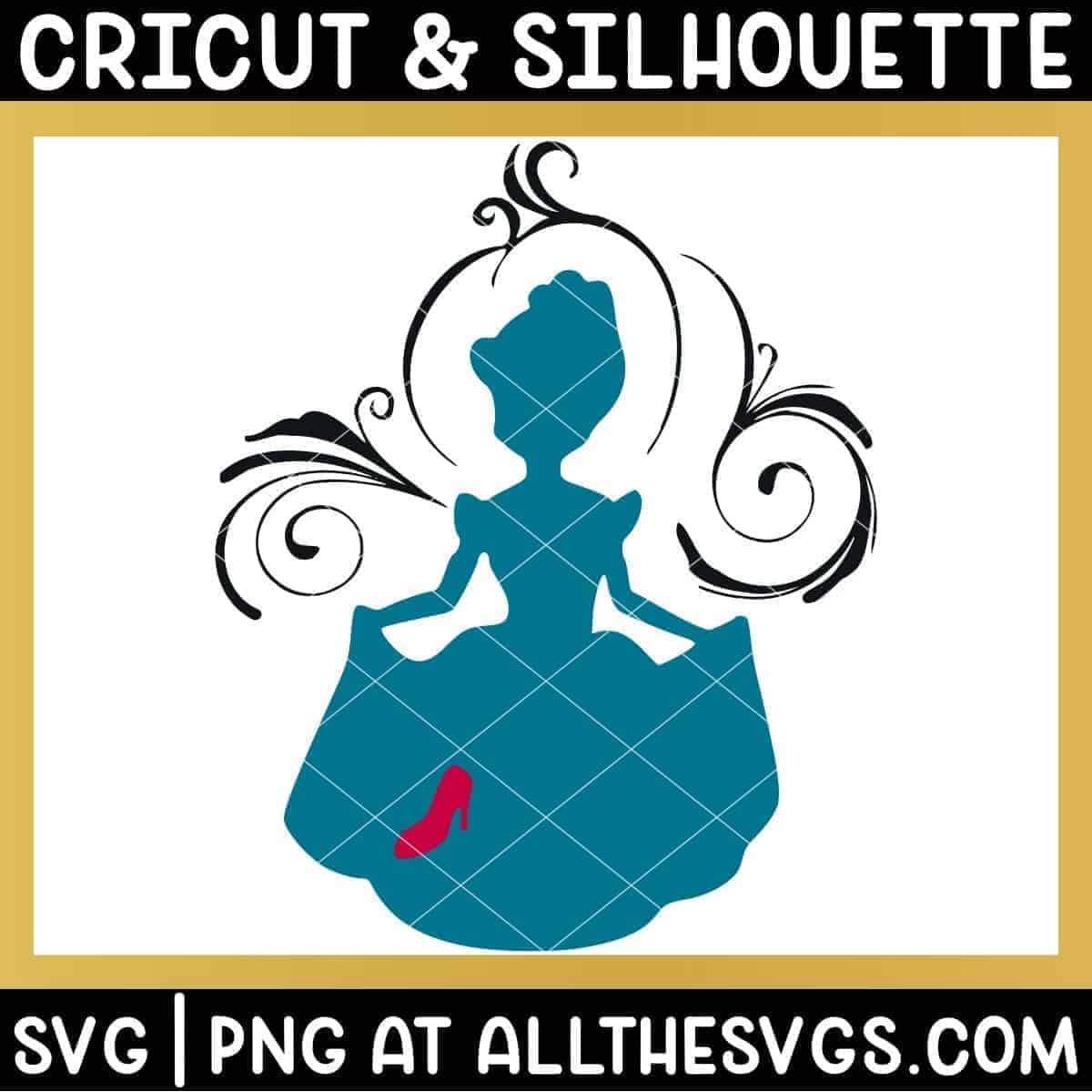 free cinderella svg file chibi anime style disney princess silhouette with swirl and glass slipper.