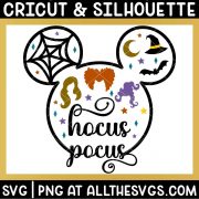 disney halloween hocus pocus mickey ears outline with spider web, moon, witch hat, bat, stars svg file.