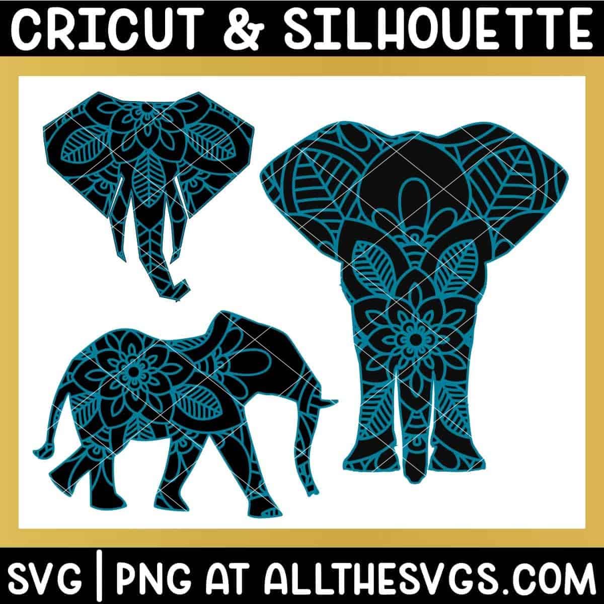 elephant body head jungle animal mandala svg png with patterned layer on solid animal silhouette layer.