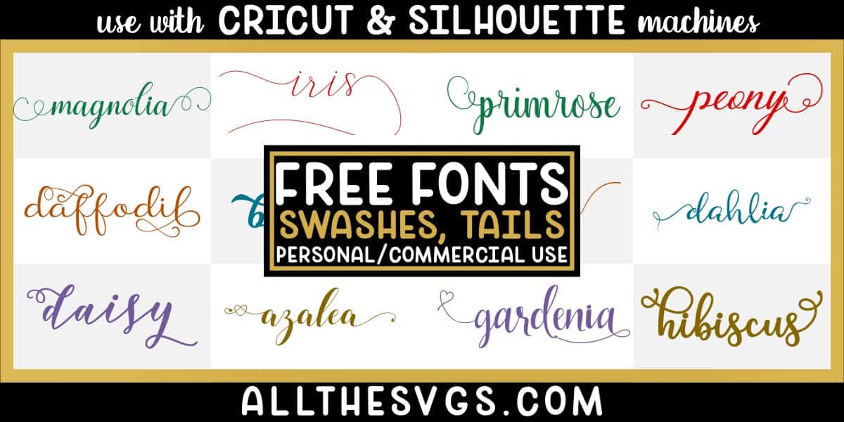 free fonts swashes, tails, glyphs with variety of typefaces like thin script, brush calligraphy, thick marker & more.