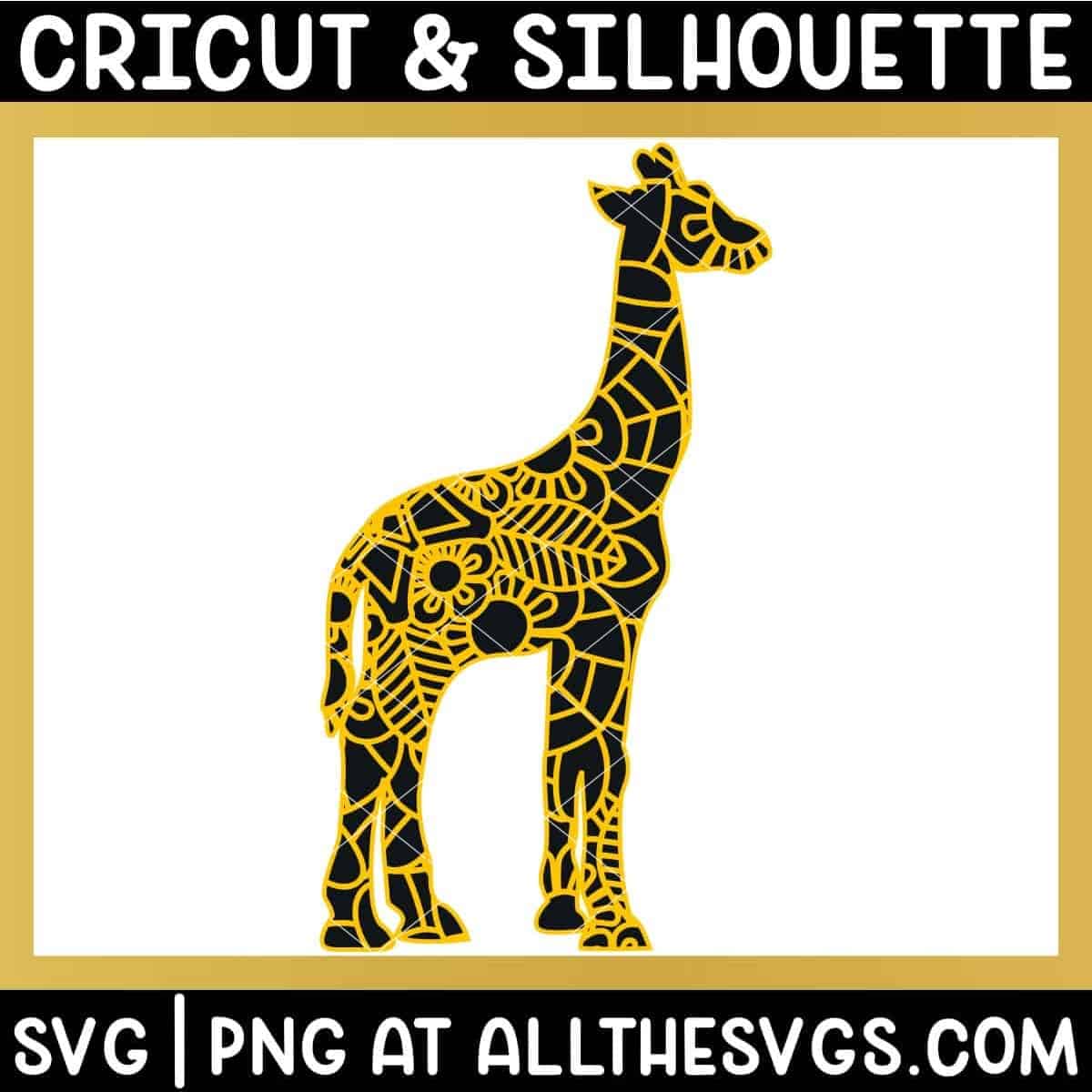 giraffe jungle animal mandala svg png with patterned layer on solid animal silhouette layer.