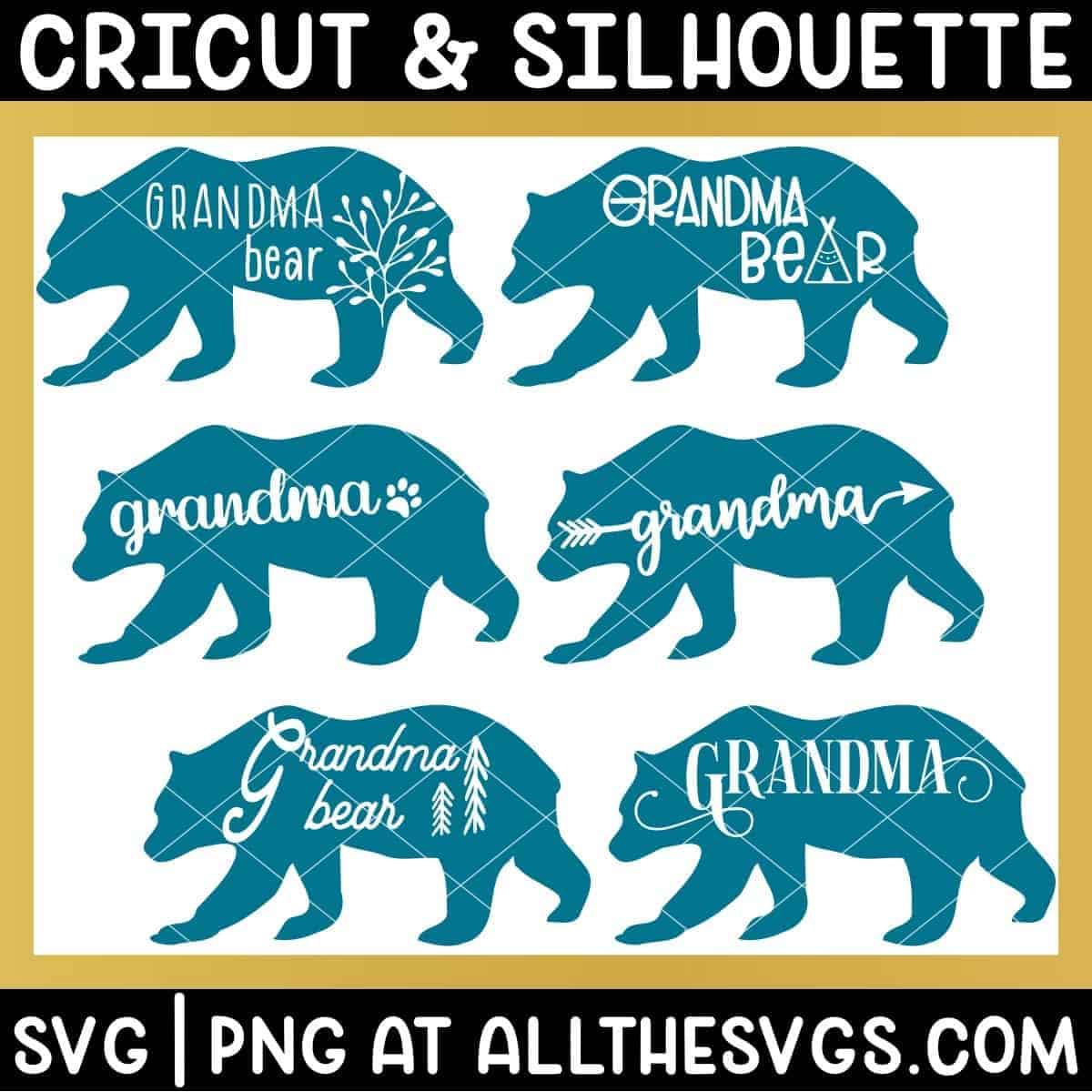 variety of standing walking grandma bear svg png - boho, cute, vintage, gender neutral.