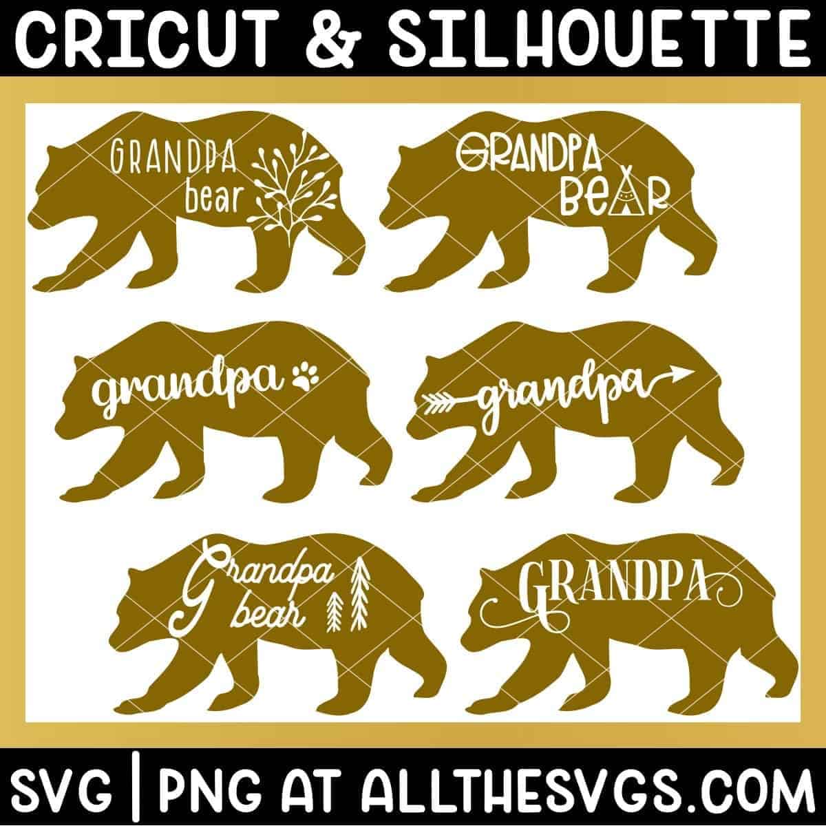 variety of standing walking grandpa bear svg png - boho, cute, vintage, gender neutral.