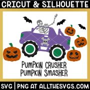 halloween pumpkin smasher monster truck with skeleton, bats, skull svg file.