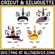 free halloween unicorn face svg png with ear, horn, eyelashes, witch hat, frankenstein, spider and bats, candy corn.