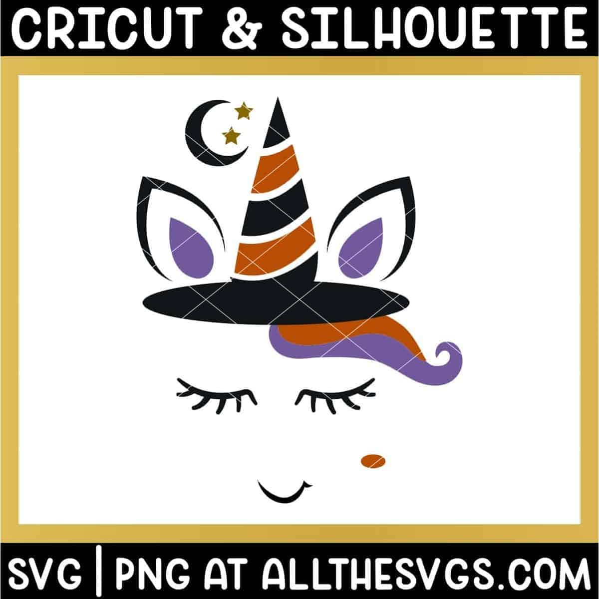 free witch halloween unicorn face svg png with combined hat and horn, crescent moon and stars, and wart.