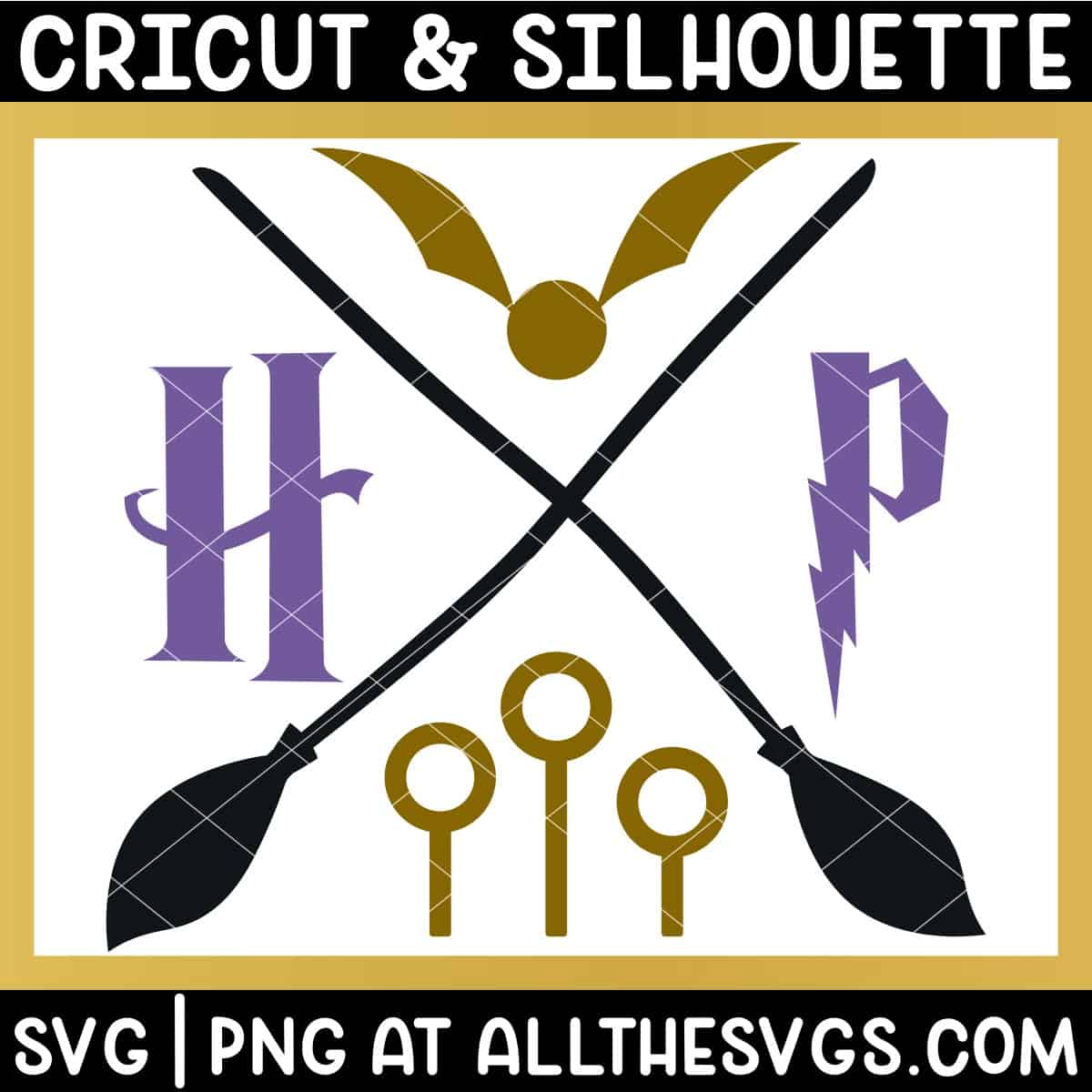 free harry potter svg png with broomstick cross, golden snitch, quidditch goal hoops, hp initials.