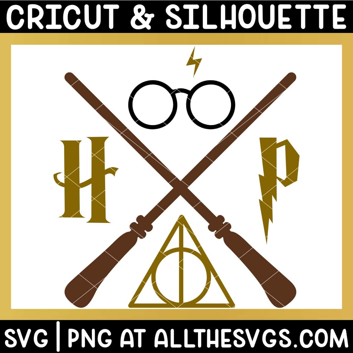 free harry potter svg png with wand cross, lightning bolt, glasses, deathly hallows, hp initials.