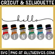 hello winter svg file with retro snowman in rainbow scarves and top hats.