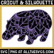 hippo jungle animal mandala svg png with patterned layer on solid animal silhouette layer