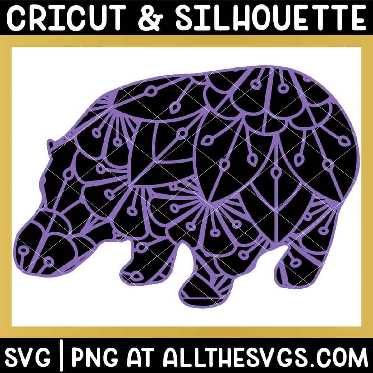 hippo jungle animal mandala svg png with patterned layer on solid animal silhouette layer.