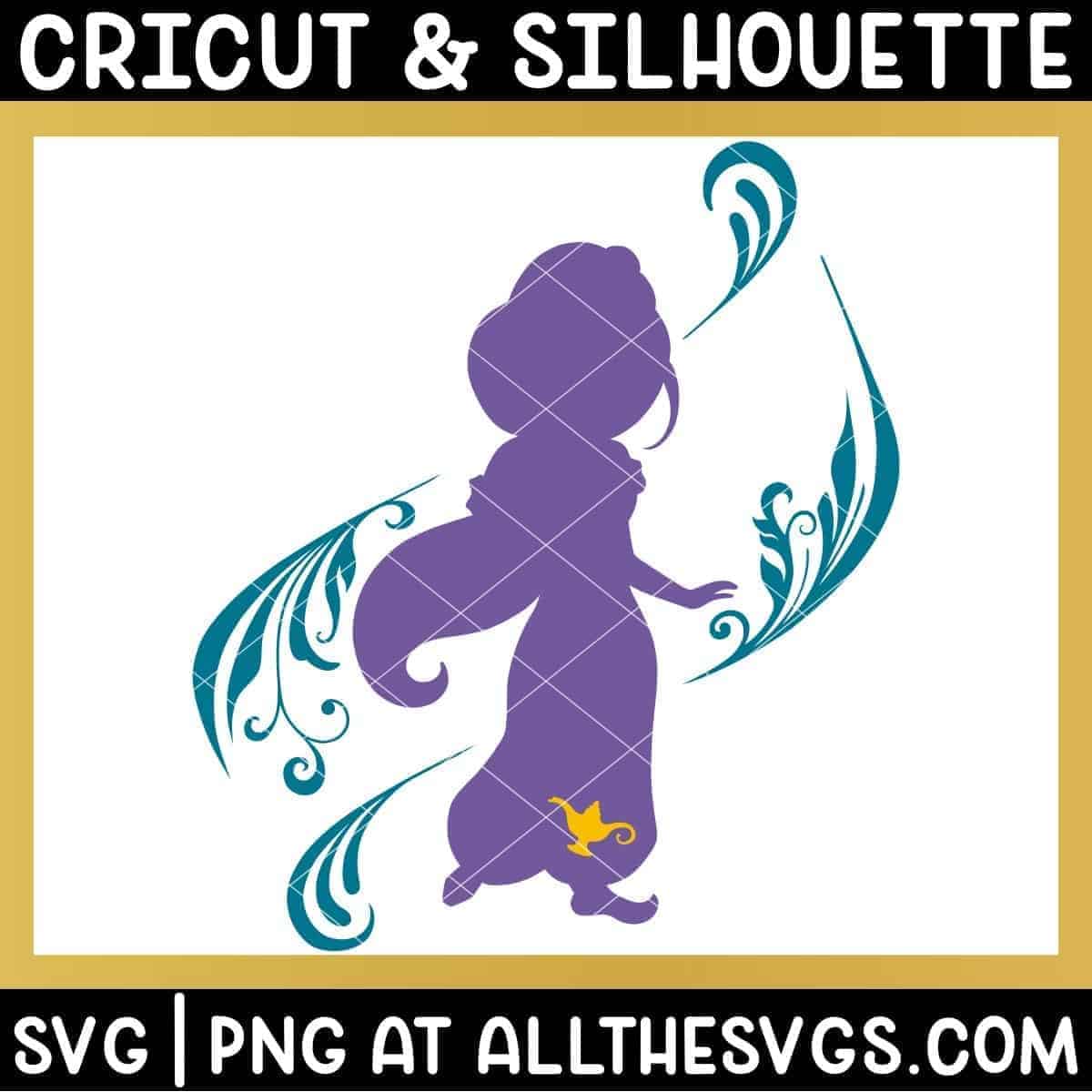 free jasmine svg file chibi anime style disney princess silhouette with swirl and genie lamp embellishment.