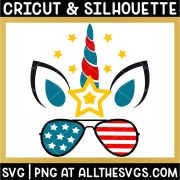 free july 4th unicorn face svg png with ear, horn, eyelashes, American flag sunglasses, stars.