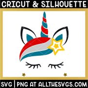 free july 4th unicorn face svg png with ear, horn, eyelashes with red, white, and blue, and yellow star.
