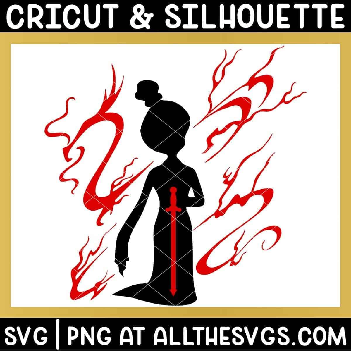 free mulan svg file chibi anime style china warrior disney princess silhouette with dragon and sword embellishment.