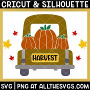 fall, autumn vintage truck with pumpkins, maple leaves svg file.