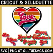 free retro valentine rainbow stripe heart with groovy phrases be mine, happy valentine's day, love