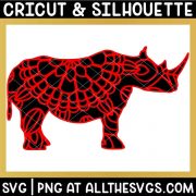 rhino jungle animal mandala svg png with patterned layer on solid animal silhouette layer