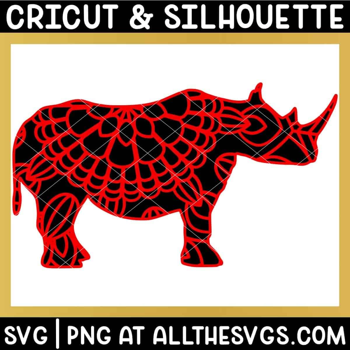 rhino jungle animal mandala svg png with patterned layer on solid animal silhouette layer.