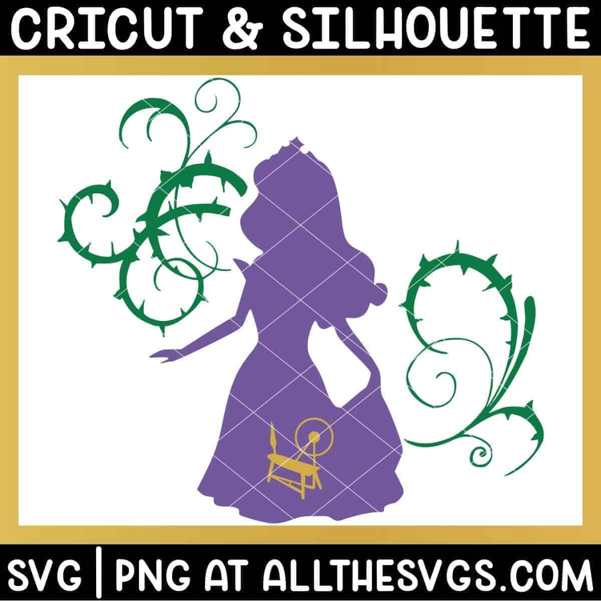 free sleeping beauty svg file chibi anime style aurora disney princess silhouette with vine and spindle embellishment.