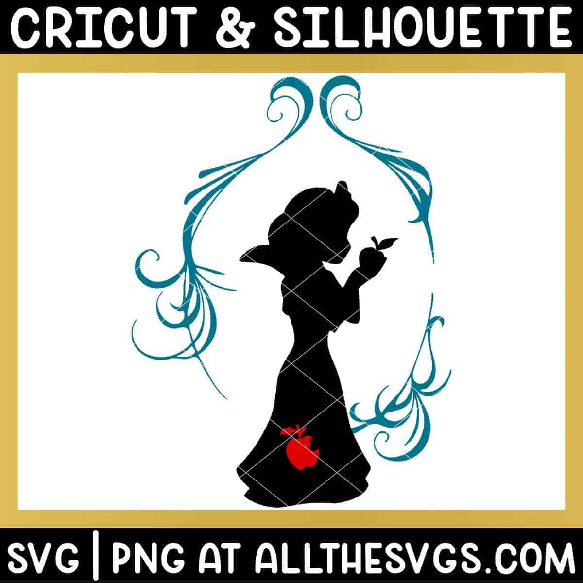 free snow white svg file chibi anime style disney princess silhouette with mirror frame embellishment and apple.