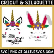 free spring, easter unicorn face svg png with ear, horn, eyelashes, flower, eggs, flowers, and bunny ears and whiskers