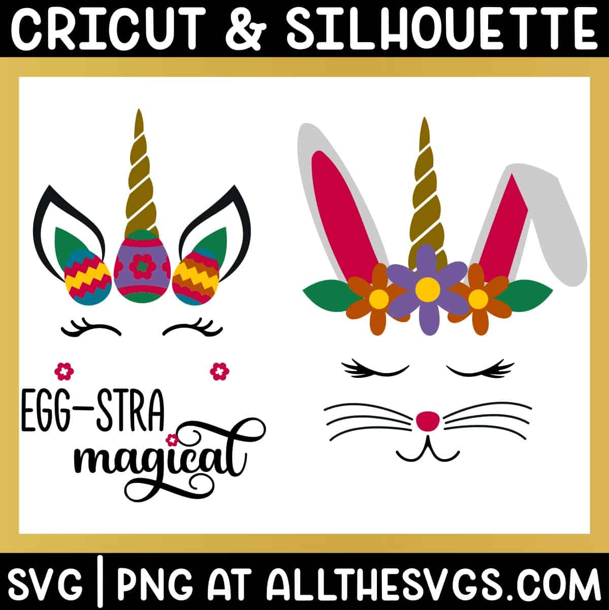 free spring, easter unicorn face svg png with ear, horn, eyelashes, flower, eggs, flowers, and bunny ears and whiskers.