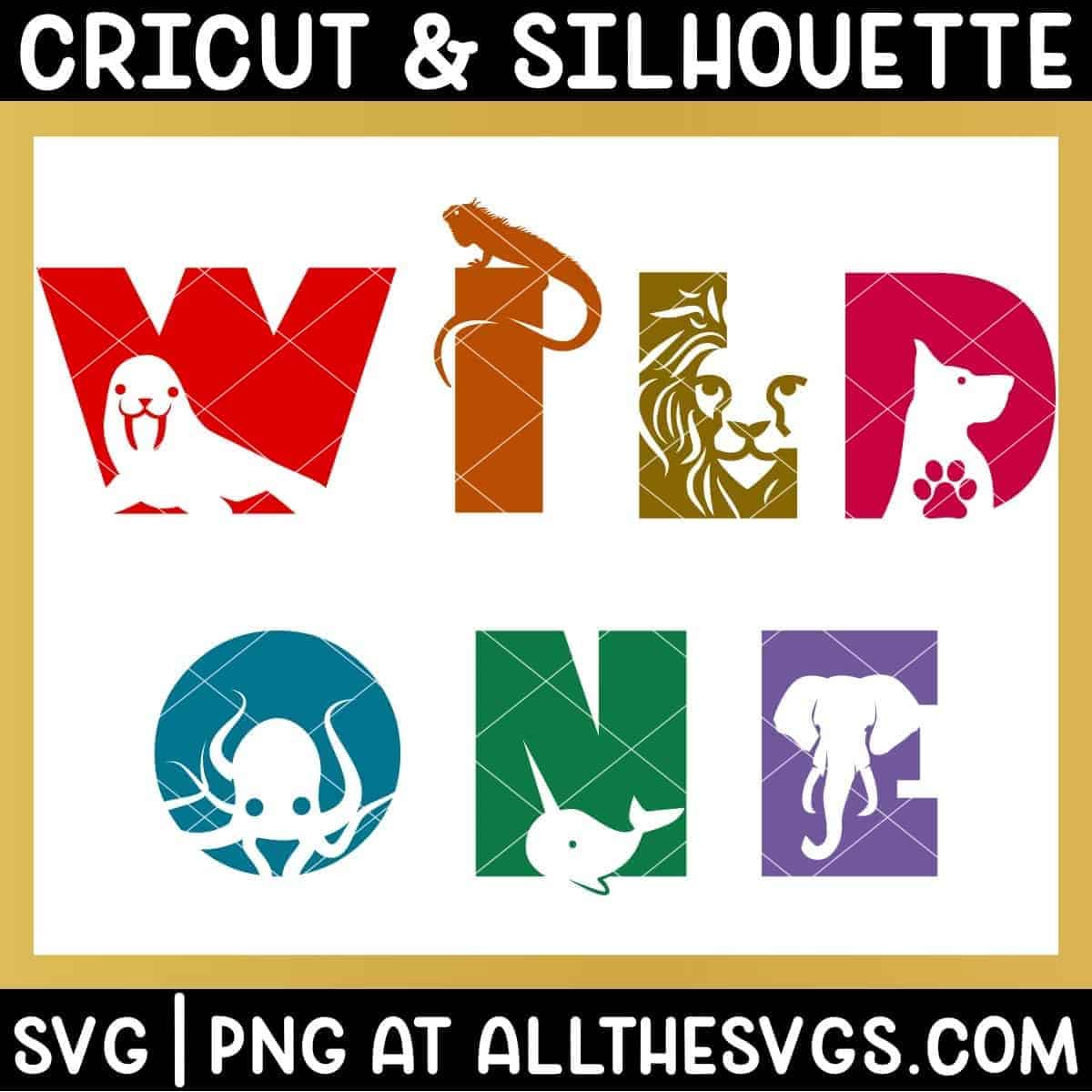 free wild one svg png with animal cutout that match letter of the alphabet.