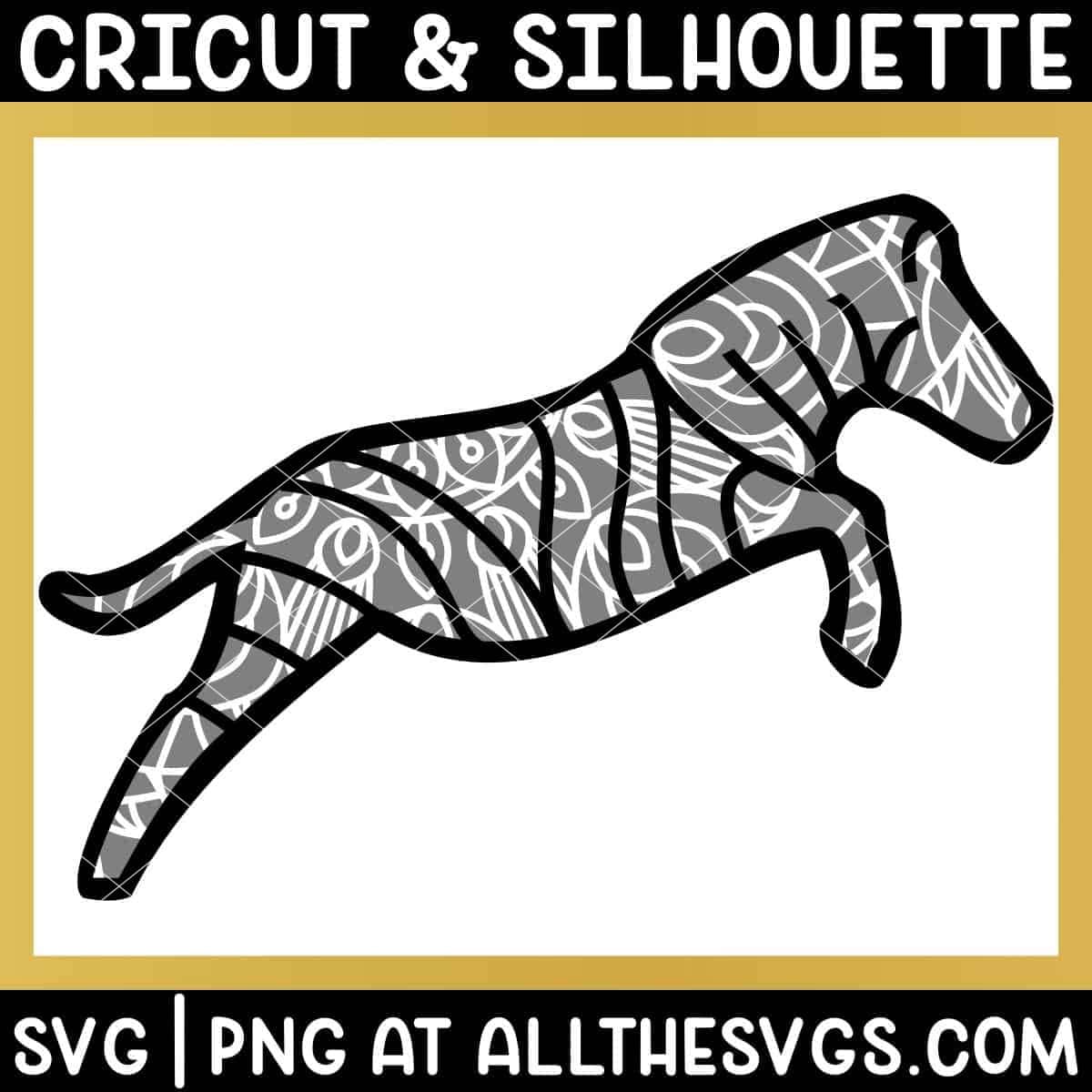zebra jungle animal mandala svg png with patterned layer on solid animal silhouette layer.