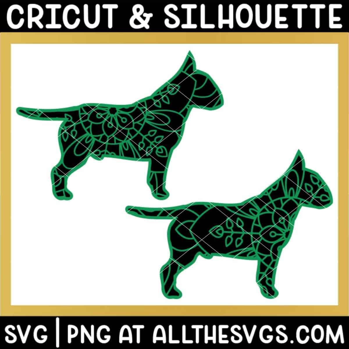 2 versions of bull terrier dog svg file mandala center from chest and back.