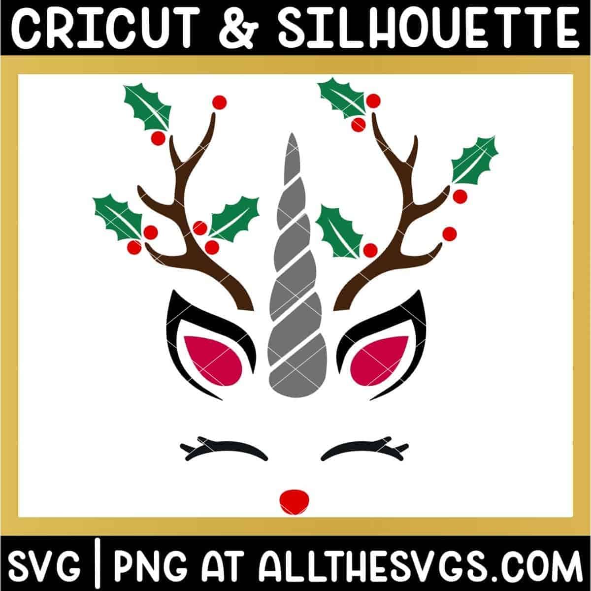 free christmas winter unicorn face svg png with rudolph's red nose, reindeer antlers, and mistletoe.