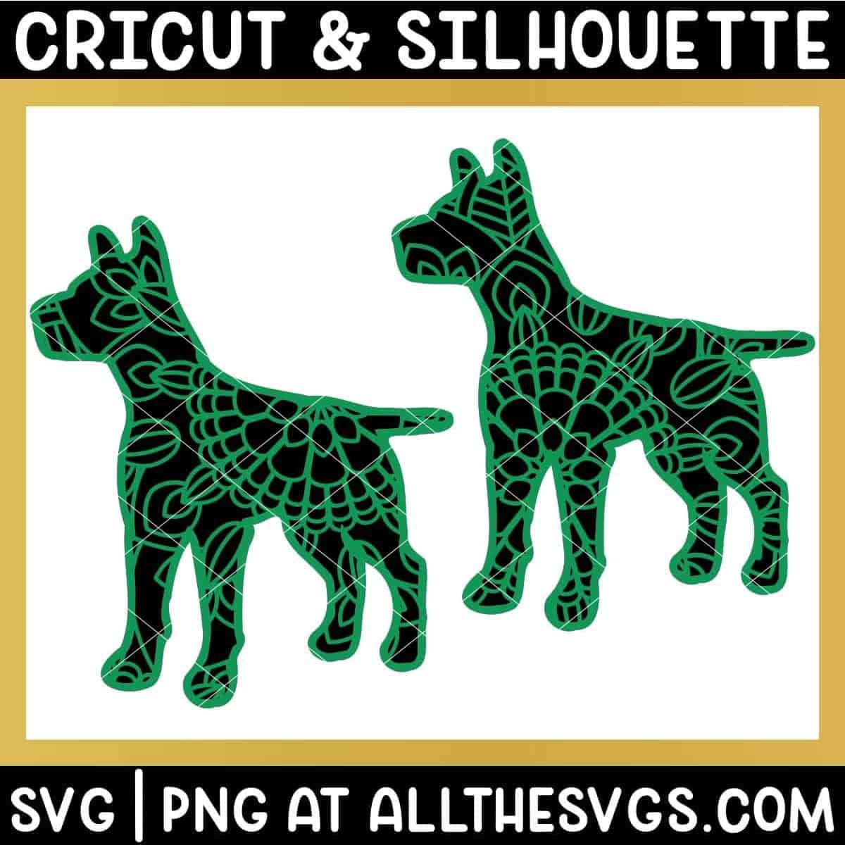 2 versions of doberman dog svg file mandala center from front legs and back.