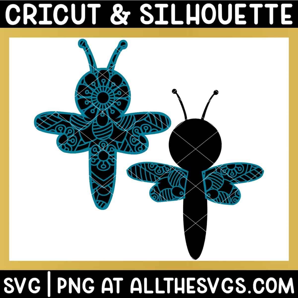 2 versions of dragonfly insect svg file mandala wings only, full body.