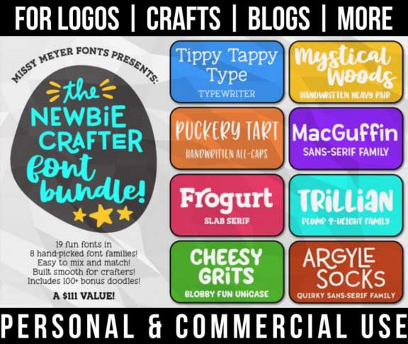 font bundle with 19 fun fonts that go well together for commercial use.