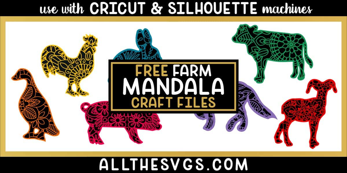 showcase of farm animal mandala svg, png in 2 layers - top with sliced mandala design, bottom of animal silhouette.