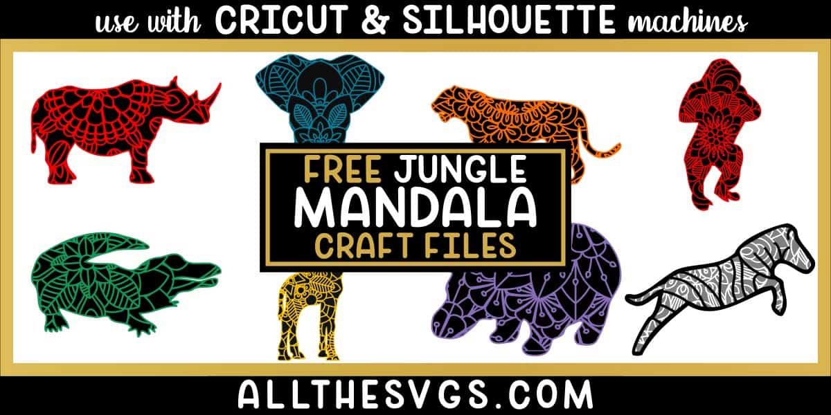 showcase of safari animal mandala svg, png in 2 layers - top with sliced mandala design, bottom of animal silhouette.