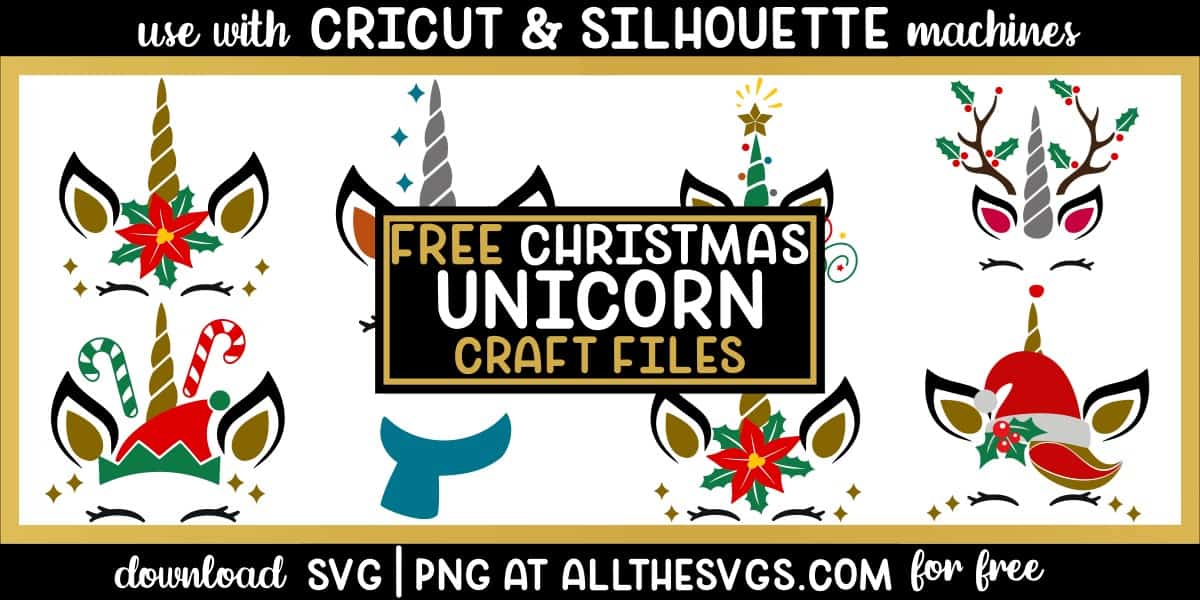 free christmas winter unicorn face svg png with snowman, tree and gifts, reindeer, holly santa, poinsettia, candy cane elf.