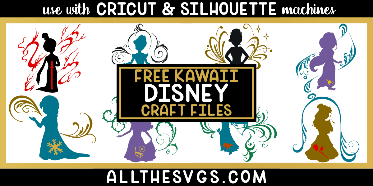disney princess svg, png, cute, kawaii silhouettes with flourishes.